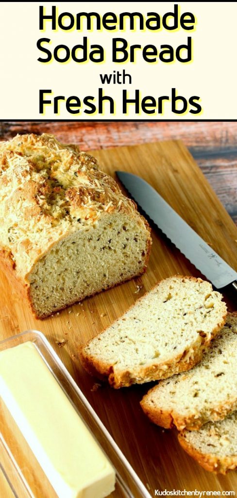 Homamade soda bread with fresh herbs long vertical title image