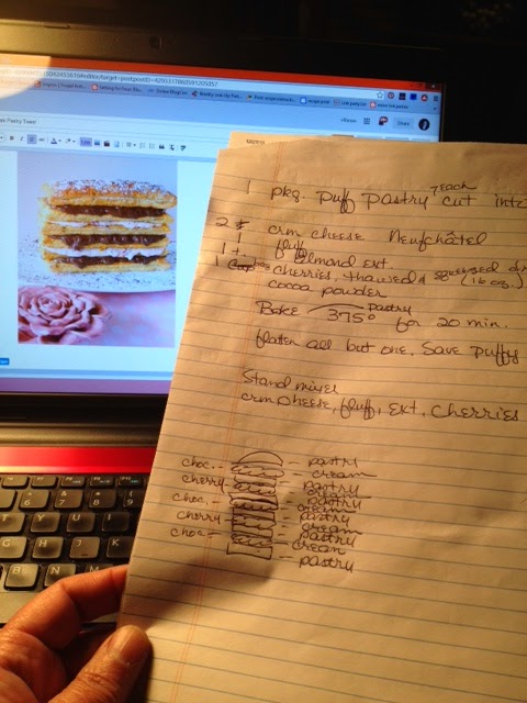 A sheet of paper with the idea and instructions for making a Chocolate Cherry Pastry Tower.