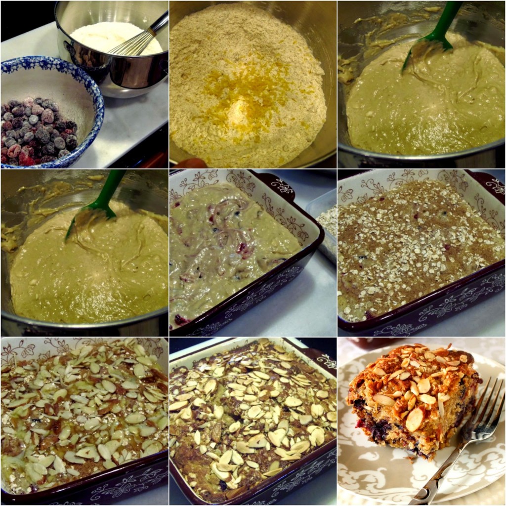 A collage image of how to make Berry Almond Oatmeal Coffee Cake.