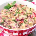 A large red and white checkered bowl filled with Tzatziki Potato Salad and topped with mint.