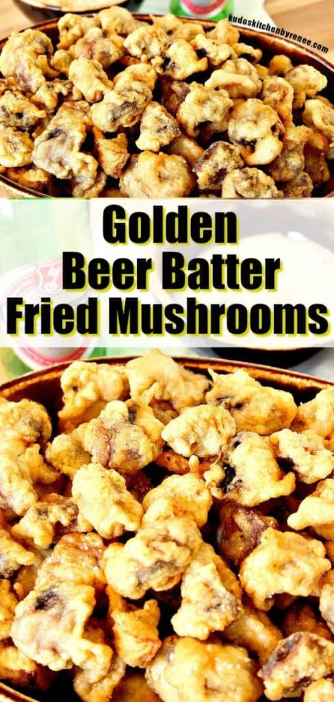 Title text vertical collage image of fried mushrooms.