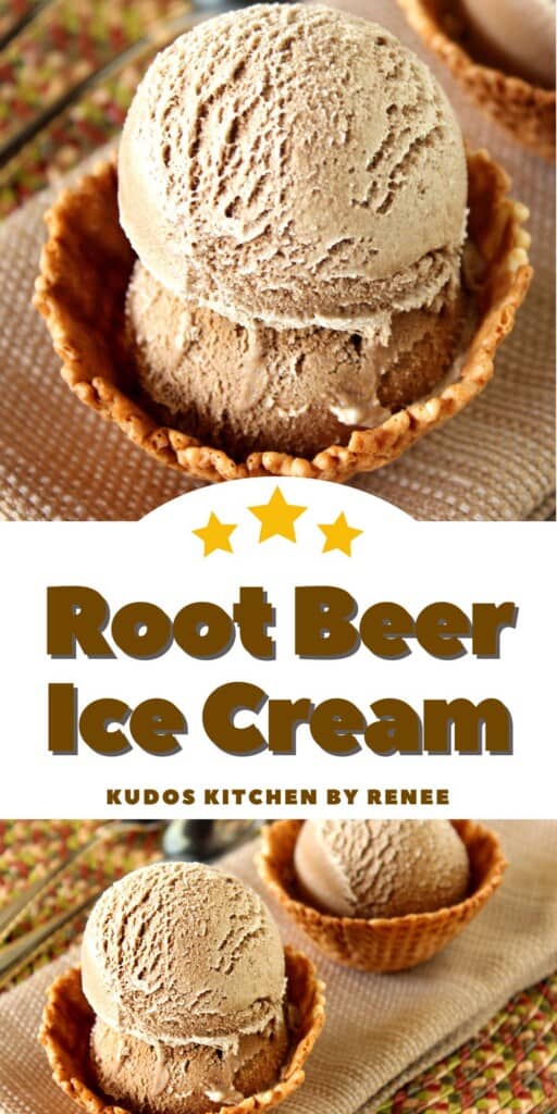 Two image collage of root beer ice cream served in waffle bowl cones.