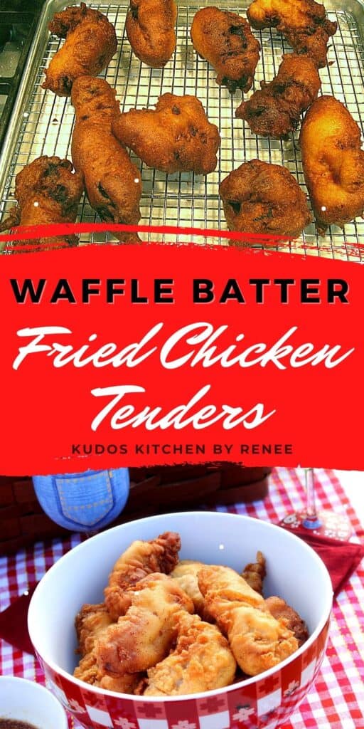 A vertical process collage with a title text overlay graphic for Waffle Batter Fried Chicken Tenders.