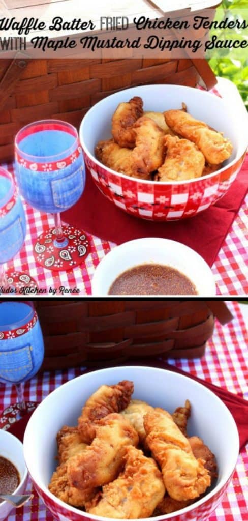 All the flavors you love from a traditional chicken and waffles recipe, but in an easily transportable package. Waffle Batter Fried Chicken Tenders with Maple Mustard Dipping Sauce is perfect for parties or picnics. - kudoskitchenbyrenee.com