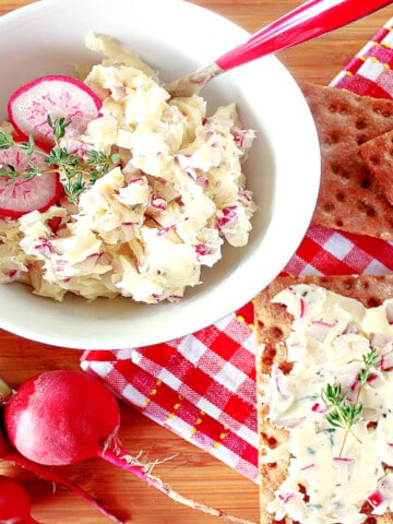 A horizontal photo of a small bowl of Compound Radish Butter with Thyme along with fresh radishes and a red and white checked napkin.