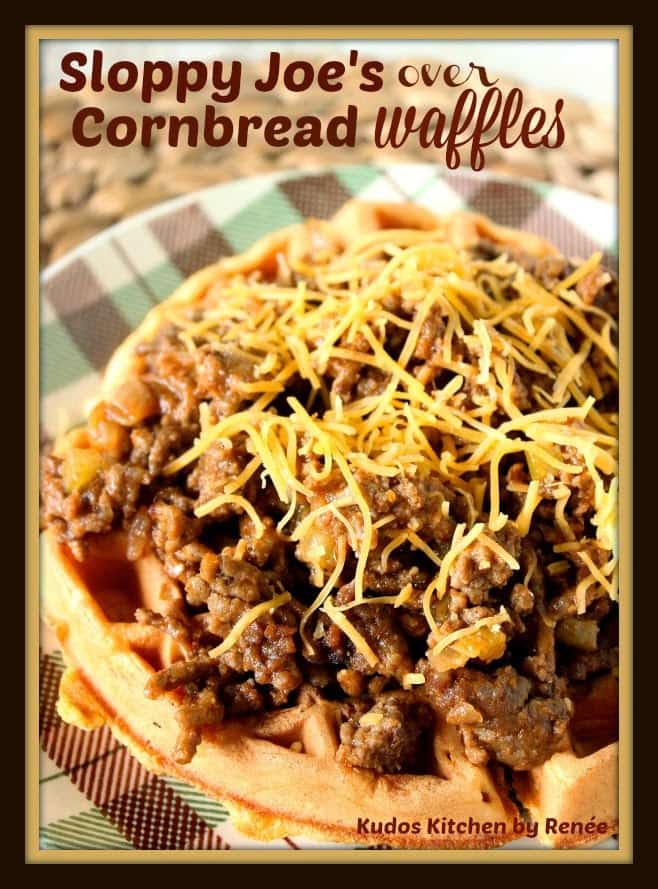 Sloppy Joes Over Cornbread Waffles with shredded cheese - kudoskitchenbyrenee.com
