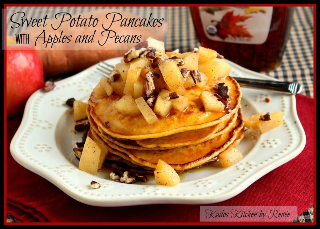 A stack of sweet potato pancakes with apples and pecan topping