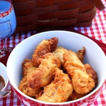 Waffle Batter Fried Chicken with Maple Mustard Dipping Sauce