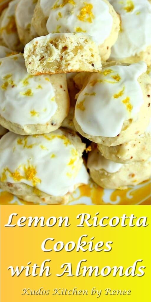 A Pinterest image for Lemon Ricotta Cookies with Almonds along with a title text graphic.
