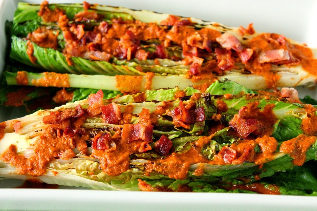 Creamy Bacon Tomato Dressing over Grilled Romaine Recipe via kudoskitchenbyrenee.com