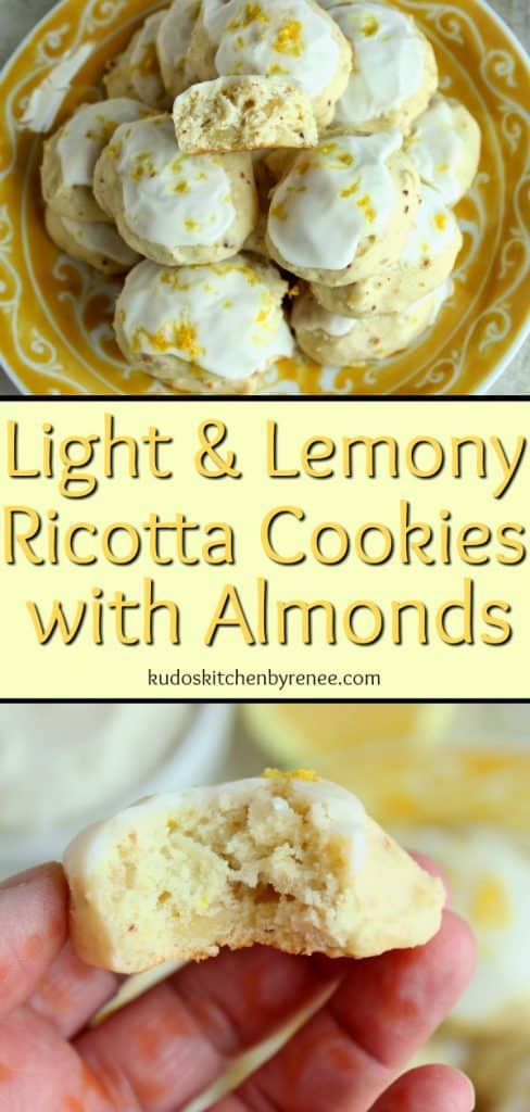 Photo collage of lemon ricotta cookies with glaze and lemon zest