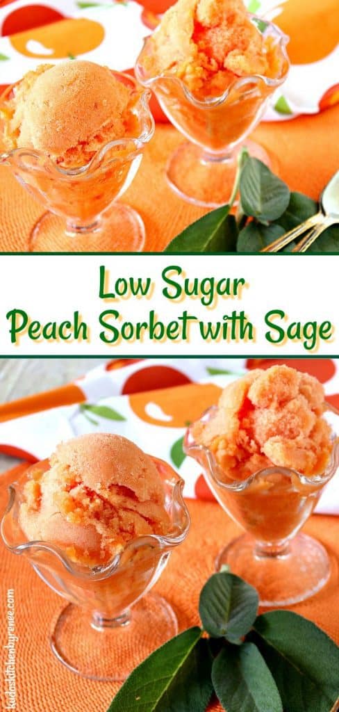 Refreshing Low Sugar Fresh Peach Sorbet with Sage is a flavorful frozen treat with an unexpected hint of garden sage along with luscious summertime peaches. - kudoskitchenbyrenee.com