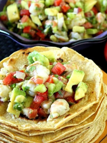 A serving of Shrimp Ceviche on corn tostadas..