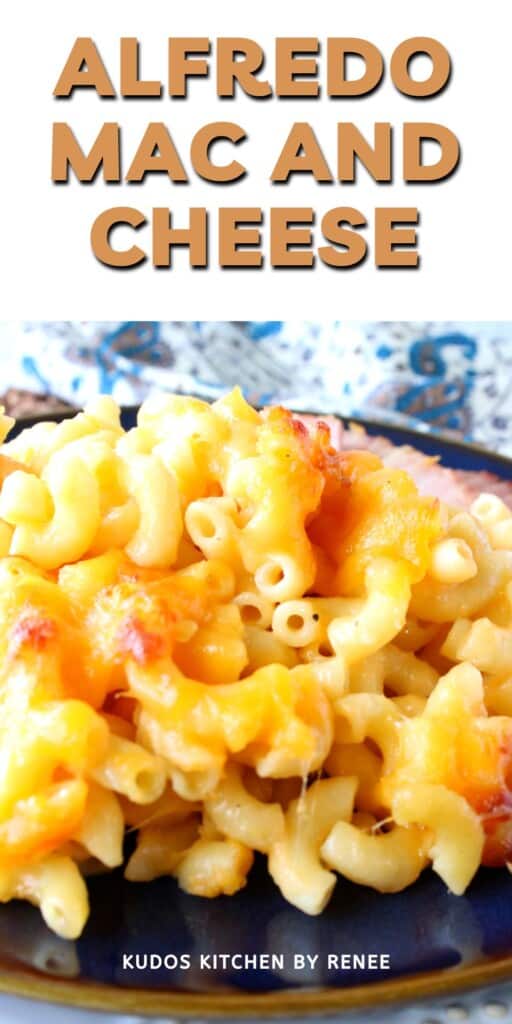 A title text photo of Alfredo Mac and Cheese on a blue plate.