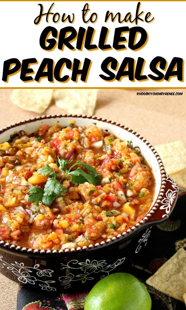 Title text vertical image of peach salsa in a bowl with cilantro.