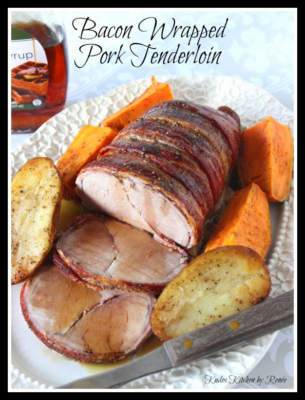 Bacon Wrapped Pork Tenderloin in marinated in balsamic vinegar and maple syrup.