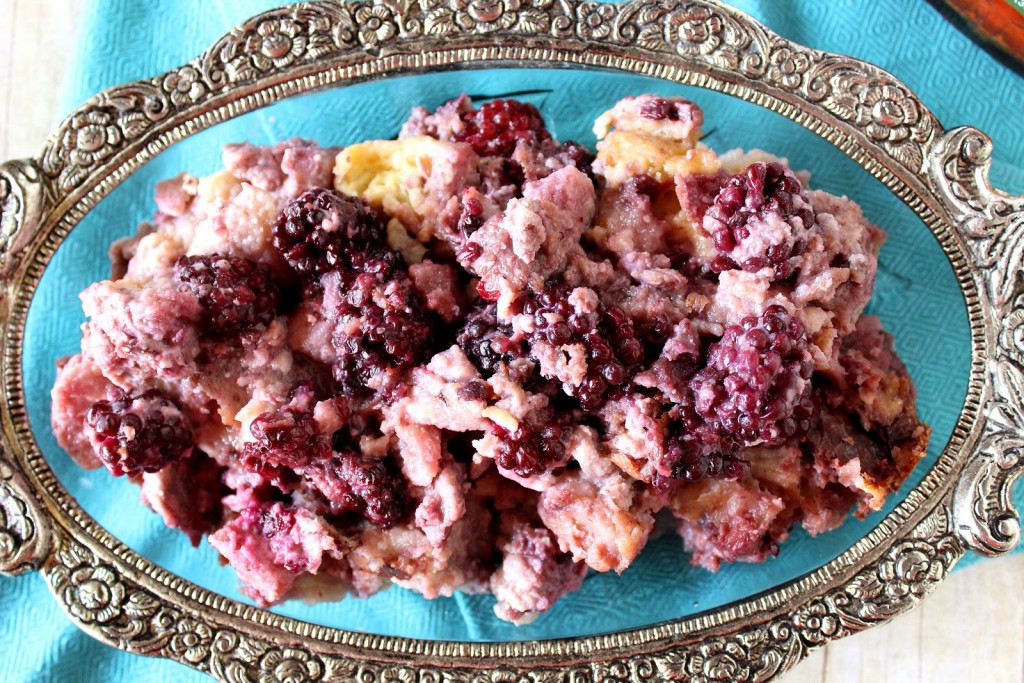 Slow Cooker Blackberry Fancy in a fancy glass and silver dish.