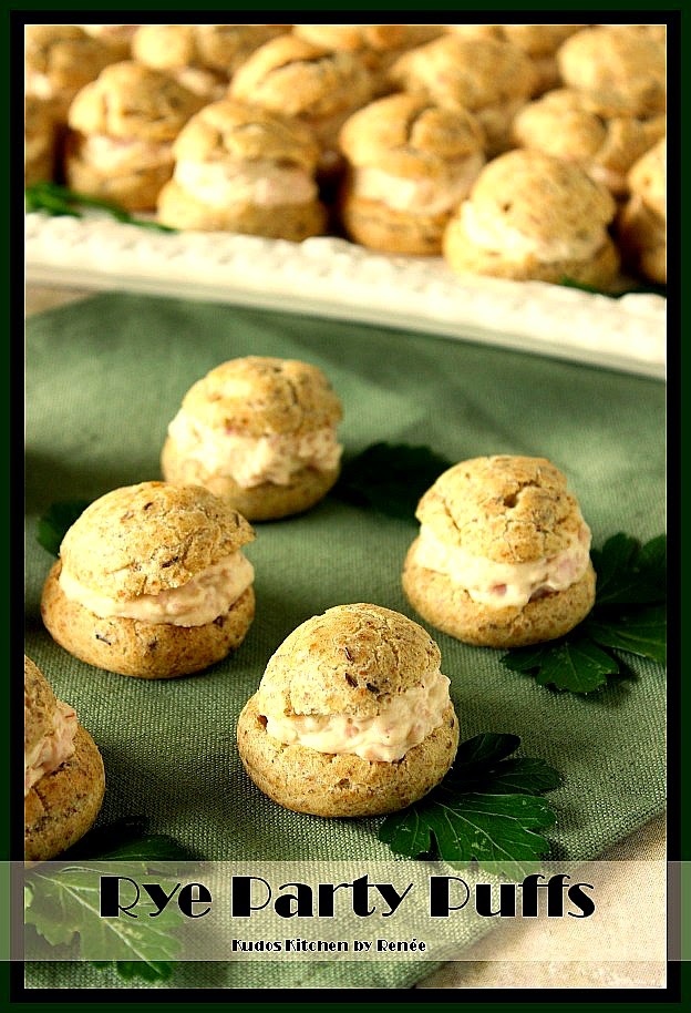 Rye Party Puffs Rye Party Puffs filled with cream cheese, ham, mustard and sweet pickle relish.