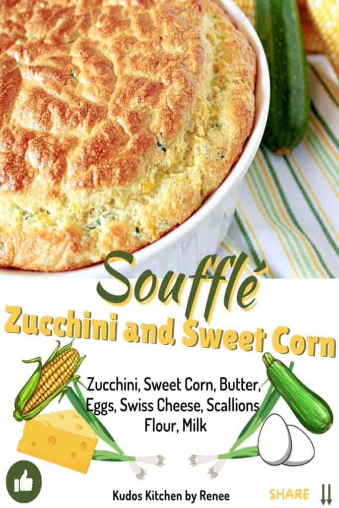 A cute graphic with a title text and images for a Zucchini and Sweet Corn Soufflé.