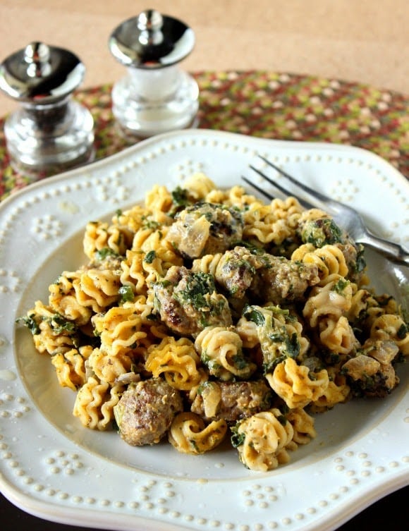 Pumpkin and Sausage Pasta with creamy pumpkin and cream cheese sauce.