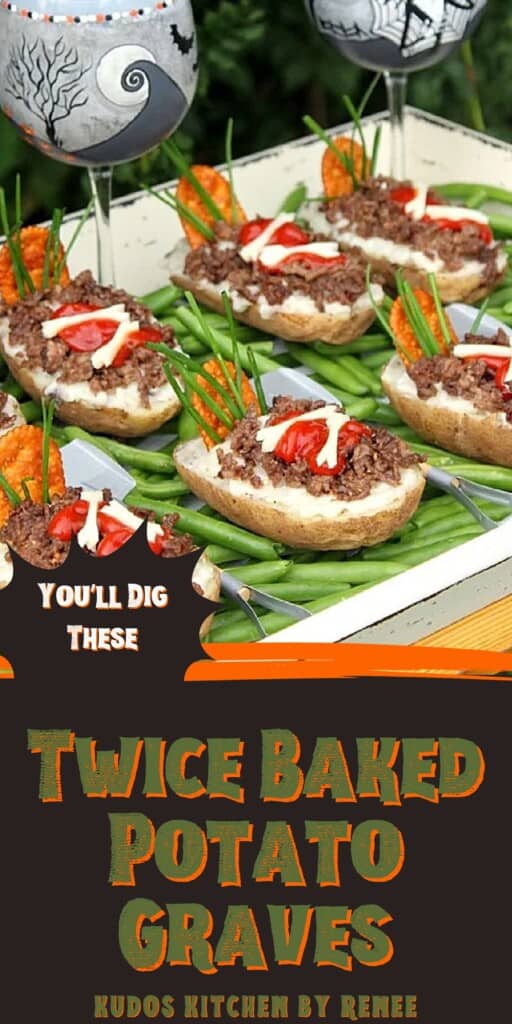 A Pinterest image of Twice Baked Potato Graves with ground beef and ketchup.
