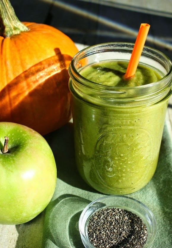 Super Healthy Fall Harvest Smoothie Pumpkin, kale, Swiss chard, spinach, apple, banana, chia seeds and lemon blend up to make this delicious Fall Harvest Smoothie - kudoskitchenbyrenee.com