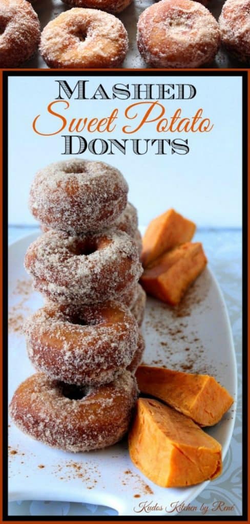  Mashed Sweet Potato Donuts are crispy on the outside, and soft and pillowy on the inside. Not to mention they're completely coated with an irresistible cinnamon and sugar mixture which is sure to have you doing the happy donut dance! - kudoskitchenbyrenee.com