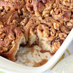 A baking dish filled with Pear and Walnut Sticky Buns