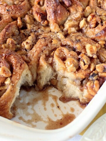 A baking dish filled with Pear and Walnut Sticky Buns