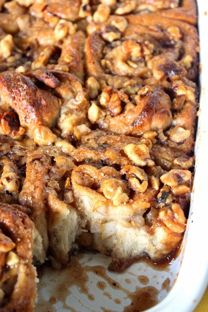 Pear and Walnut Sticky Buns with sweet dough and caramel sauce