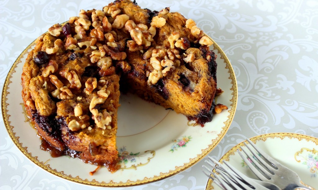 An overhead photo of Slow Cooker Pumpkin Blueberry Cake with walnuts.