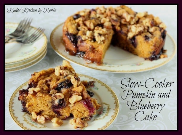 Slow Cooker Pumpkin Blueberry Cake on pretty china plates.