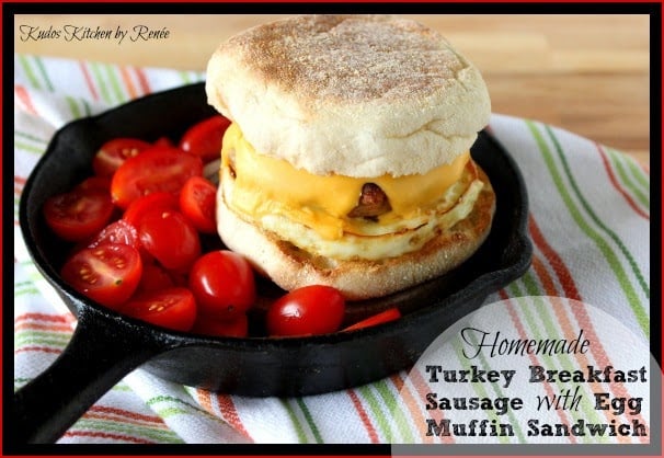 Homemade Turkey Breakfast Sausage and Egg Muffin Sandwich Turkey Breakfast Sausage on a homemade egg muffin sandwich in a baby skillet.