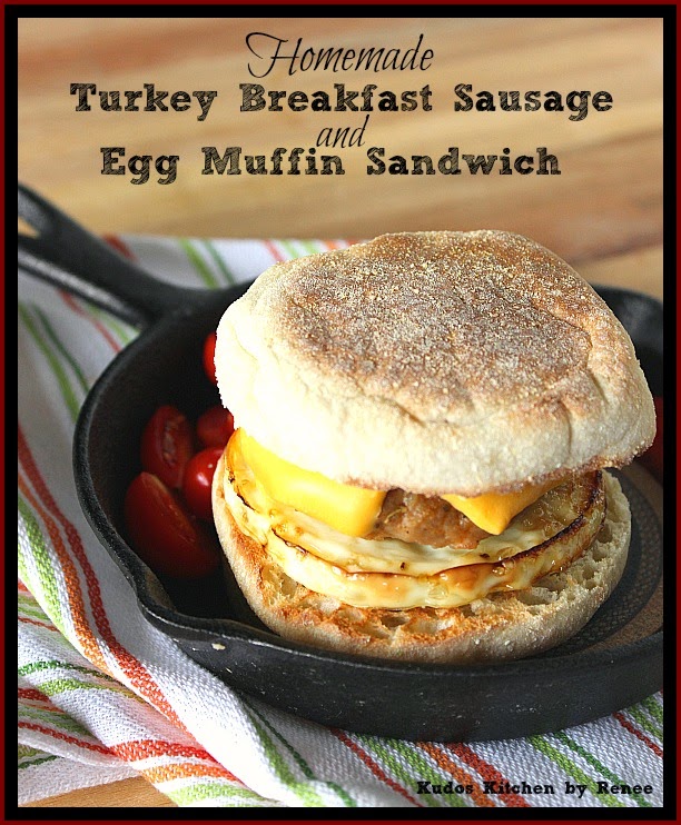 A vertical photo of Homemade Turkey Breakfast Sausage on an egg muffin sandwich. 