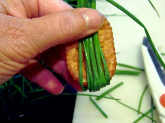 Folded chives over a cracker.