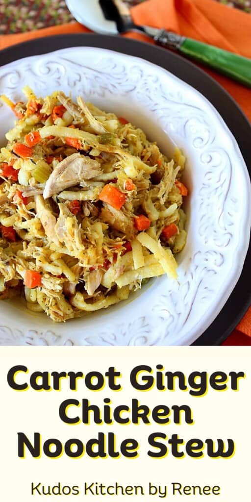 A Pinterest image of Carrot Ginger Chicken Noodle Stew and a title text.