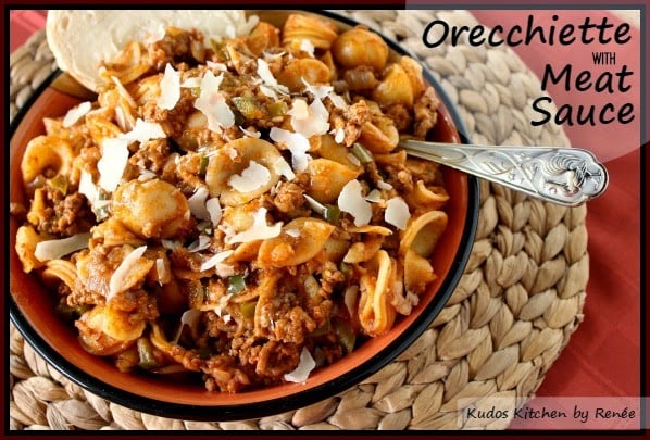 Orecchiette pasta with ground pork and lamb meat sauce.