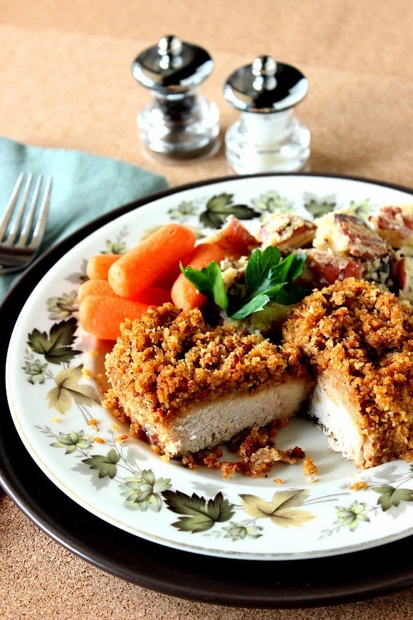 Bacon and Pretzel Cracker Coated Pork Chops. Next time you fry bacon, fry extra and make this delicious coating for pork chops.