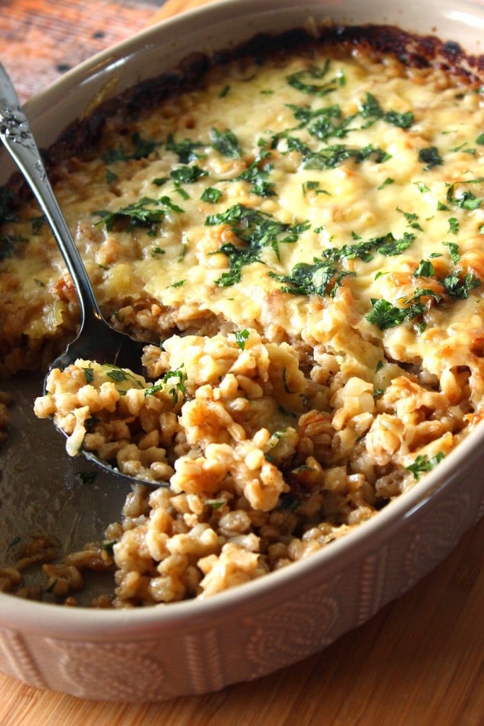 Farro and Onion Casserole is a rich and nutty comfort food.