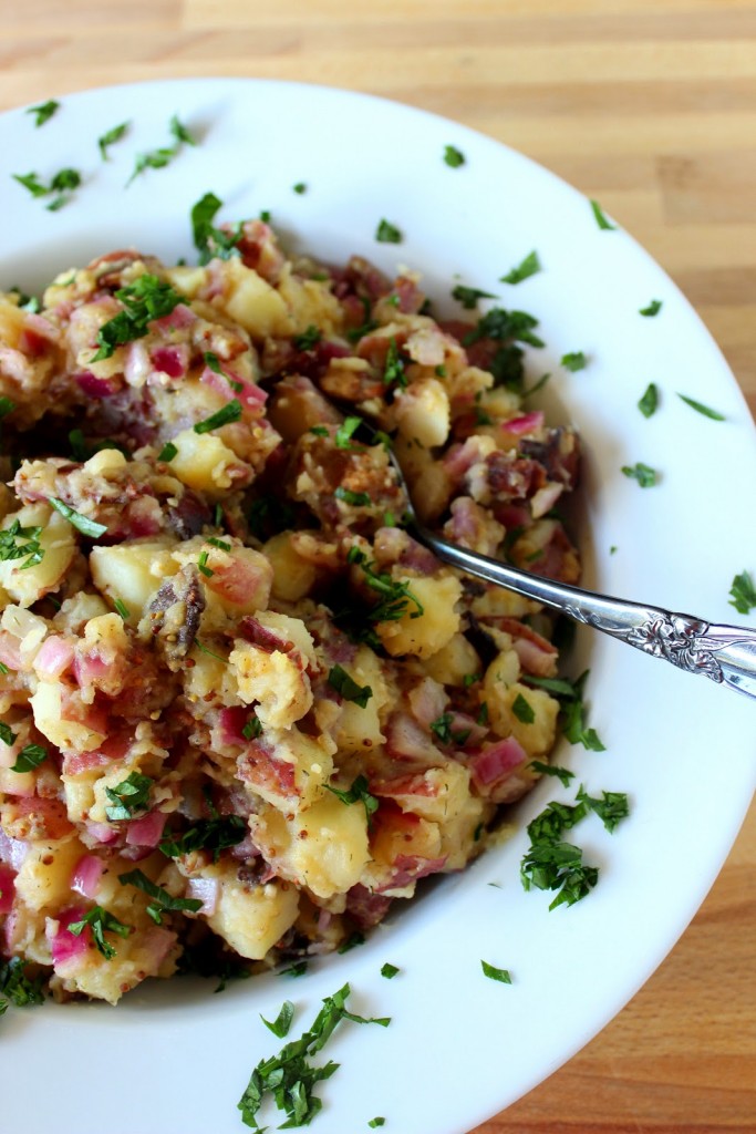 German Potato Salad Recipe with bacon, stone ground mustard, onion and dill weed.
