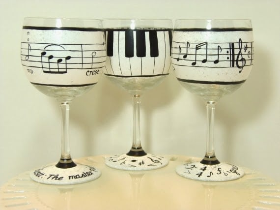 Piano Keys and Music Lovers hand painted wine glasses