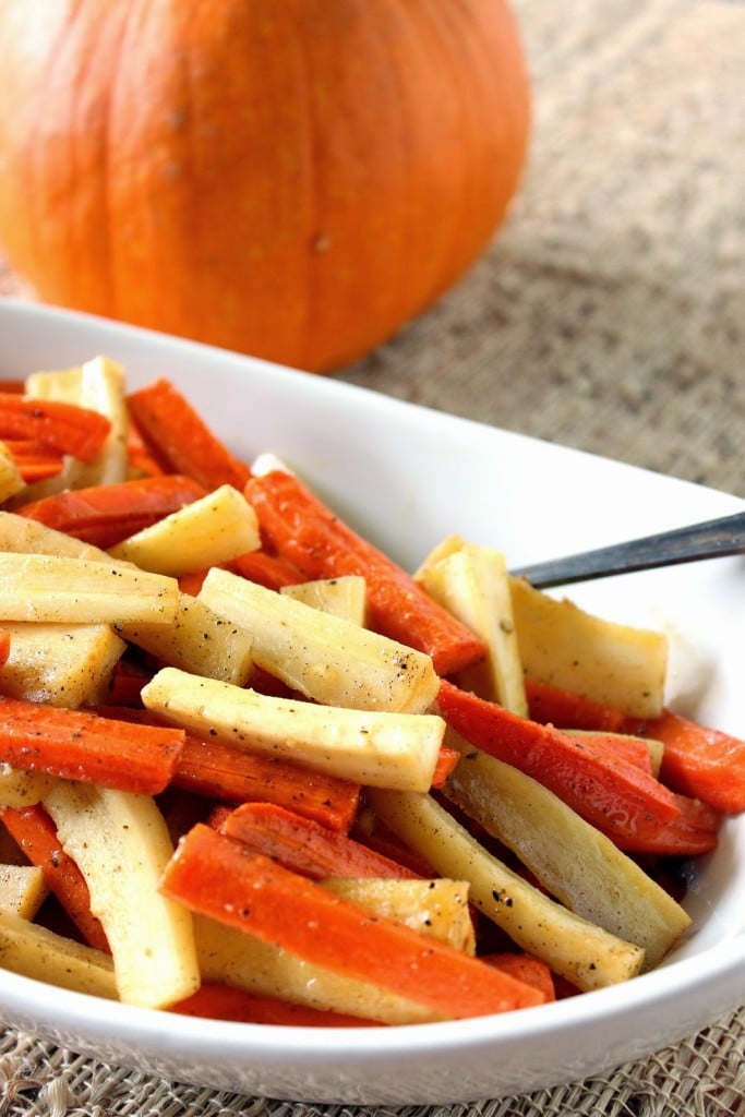 Roasted Parsnips and Carrots with Maple Syrup and Cardamom is the perfect side dish for the fall table.