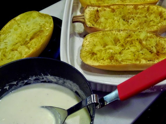 Spaghetti Squash Alfredo with Pancetta via Kudos Kitchen by Renee