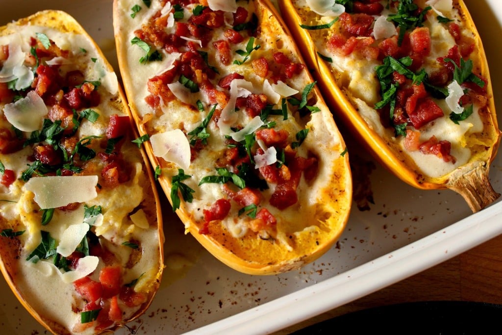 Roasted Spaghetti Squash Alfredo with Pancetta