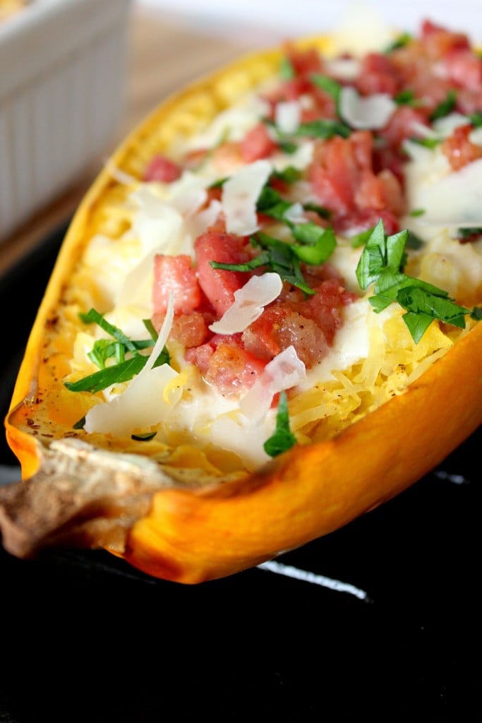 Roasted Spaghetti Squash with Alfredo Sauce and Pancetta