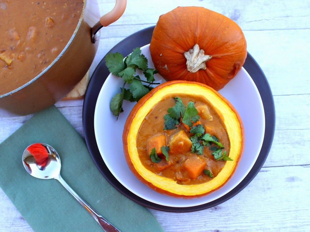 Serve this Peanut Butter, Chicken and Pumpkin Stew Recipe in a roasted pumpkin for drama and presentation.