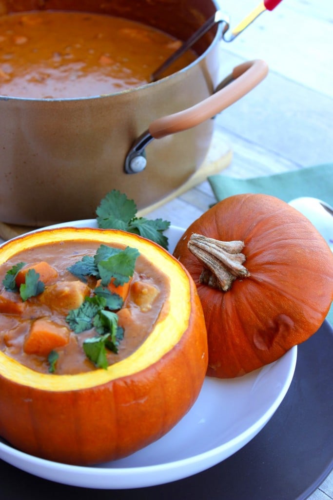 Serve this Peanut Butter, Chicken and Pumpkin Stew Recipe in a roasted pumpkin for drama and presentation.