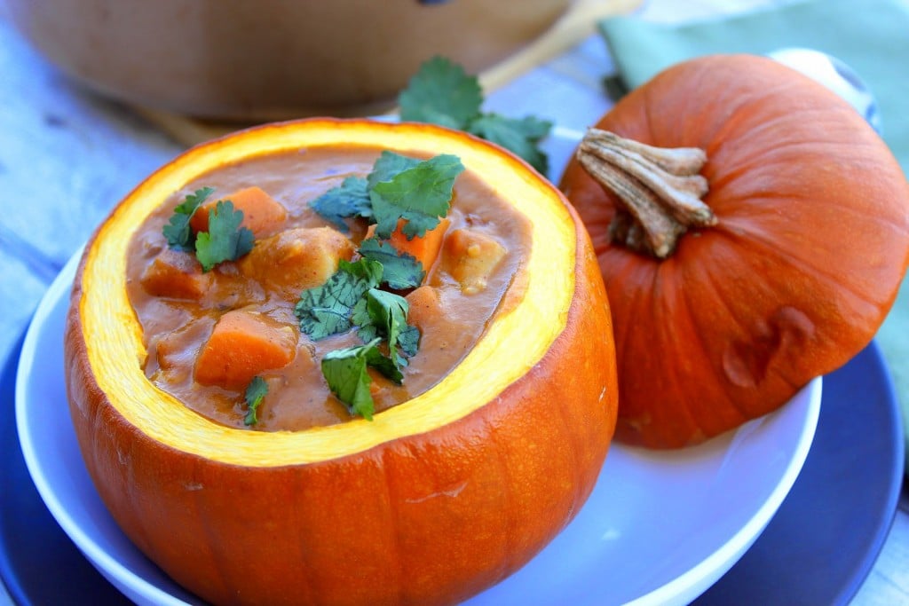 Serve this Peanut Butter, Chicken and Pumpkin Stew in a roasted pumpkin for drama and presentation.