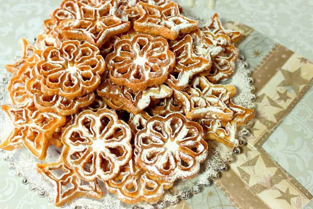 Fried Rosette Snowflake Cookies Recipe with Confectioners Sugar