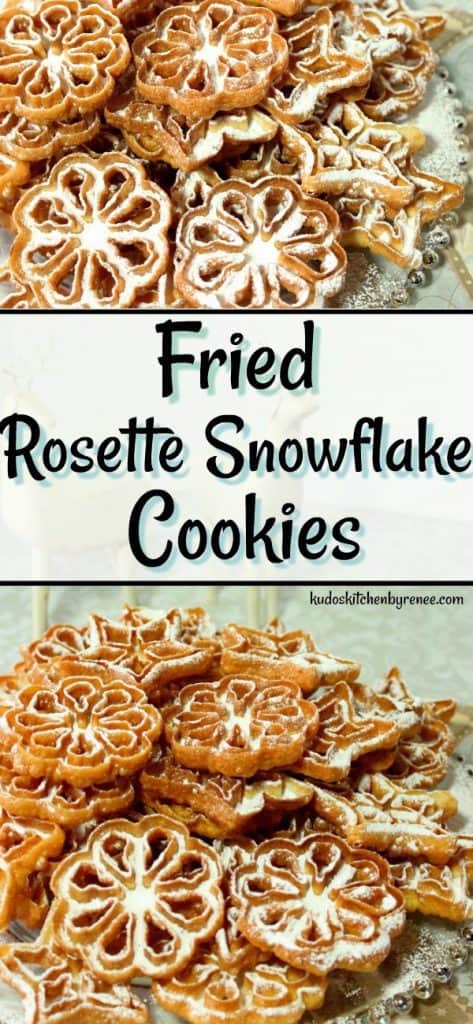 A vertical collage of fried rosette snowflake cookies with a title text overlay graphic in the center